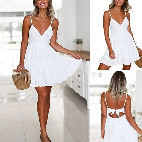 New Boutique Brand White Boho Swing Mini Dress - Picture 3 of 3